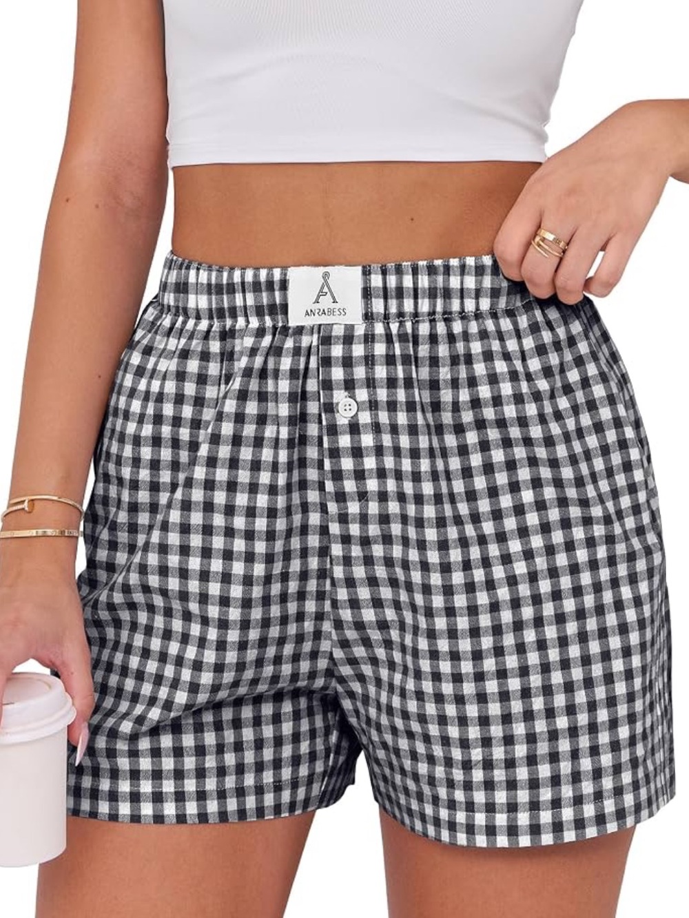 ANRABESS NWT Black White Gingham Plaid Boxer Shorts High Waist Large L